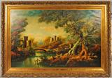 OIL PAINTING ON CANVAS. RIVER AND CASTLE LANDSCAPE . SIGNED LOWER RIGHT. GILT WOOD FRAME. GOOD. 39" H X 59" W.