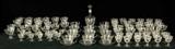 85 PCS ETCHED MURANO GLASS STEMWARE. 18th CENTURY STYLE FIGURES IN FORMAL GARDEN SETTINGS. CONSISTING OF 65 GLASSES OF VARIOUS SIZES, 11 BOWLS, 12 PLATES AND A DECANTER. GOOD.