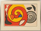 CALDER LITHOGRAPH. ORANGE, YELLOW, BLACK AND WHITE INFINITY CIRCLES. SIGNED CALDER. FRAMED. GOOD. 26" H X 38" W.