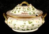 ROYAL COPENHAGEN "FLORA DANICA" COVERED TUREEN. "POTENTILLA" PATTERN. GOOD. 9" H X 13 1/4" W.