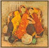 OIL PAINTING ON CANVAS. DEPICTING 4 INDIAN (INDIA) LADIES. SIGNED "HARISH RAUT". FRAMED. GOOD. 30" SQ.