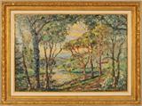 OIL PAINTING ON CANVAS. DEPICTING A LANDSCAPE WITH A POND AND FIGURES. SIGNED DE LA VILLEON. (EMMANUEL VICTOR AUGUSTE DE LA VILLEON). (1858-1944) GILT FRAME. GOOD. 26" H X 36 1/2" W.