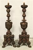 PR LATE 19th C. FRENCH BRONZE ANDIRONS. DECORATED WITH WINGED CUPID HEADS, A LEAF DECORATED SECTION. RESTING ON A TRIANGULAR BASE WITH WINGED FIGURES AND PAW FEET. GOOD. 43" H X 14" SQ.