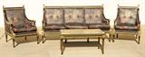 4 PC FRENCH LXVI STYLE SALON SET CONSISTING OF A SETTEE, 2 ARMCHAIRS AND AN ONYX TOPPED MATCHING COFFEE TABLE. TABLE AS IS.