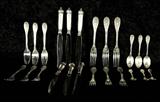 24 PC. FRENCH SILVER FLATWARE SERVICE FOR 6 CONSISTING OF KINVES, DINNER FORKS, SALAD FORKS AND SPOONS. MAKER E. PUIFORCAT. ALL HAVE AN ETCHED DESIGN. MONOGRAM āNā. GOOD.