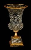 FRENCH BRONZE & CUT CRYSTAL PEDESTAL URN. FLAIRED TOP AND DIAMOND CUT. BRONZE MOUNTS. GOOD. 13" H X 8" DIA.
