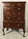 18th C. ENGLISH OAK CHEST ON CHEST. QUEEN ANNE STYLE. BRASS PULLS. GOOD. 65" H X 46" W X 25" D.