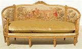 19th C. FRENCH SETTEE WITH CURVED FRAME. 18TH C. AUBUSSON UPHOLSTERED SETTEE BACK. GOOD. 41 1/2" H X 77" W X 28" D.