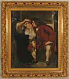 ANTIQUE OIL PAINTING ON CANVAS. DEPICTING AN AMOROUS MAN AND A LADY. GILT WOOD FRAME. REPAIRED 30" H X 24 3/4" W .