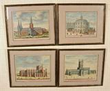 4 ANTIQUE ENGLISH COLOR ENGRAVINGS. CONSISTING OF THE CATHEDRAL CHURCH OF LITCHFEILD. ( 18" X 23"); UNIVERSITY OXFORD THEATRE. (16" X 20 /2"); THE SO. PROSPECT CATHEDRAL OF ST. PETERS GLOCESTER. (18 1/2" X 22"); THE CATHEDRAL CHURCH OF BRISTOL (18" H X 23" W). GILT & BLACK FRAMES, UNDER GLASS.