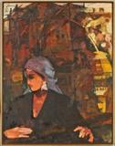 OIL PAINTING ON CANVAS. DEPICTING AN INDIAN (INDIA) LADY WITH BUILDINGS IN THE BACKGROUND. SIGNED "S. KUMAR". SOLD AT CHEMOULD, BOMBAY OR CALCUTTA INDIA. GOOD 36" H X 28" W.