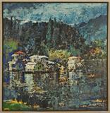 OIL PAINTING ON CANVAS. DEPICTING A LAKE SCENE. SIGNED SHENVI. SOLD AT CHEMOULD. BOMBAY OR CALCUTTA, INDIA. GOOD. 36"H x 34" W.