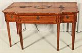 ANTIQUE ENGLISH SATINWOOD CONSOLE TABLE. MARQUETRY AND SHELL INLAY. 3 DRAWERS AND RESTING ON TAPERED LEGS. AS IS 27 1/4" H X 48 1/4" W X 23 1/2"D.