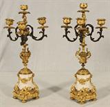 PR. BRONZE & MARBLE 4 LIGHT CANDELABRA. SCROLLED ARMS. WHITE MARBLE AND GILT BRONZE BASES. GOOD. 16" H X 8" DIA.