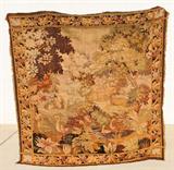 SEMI ANTIQUE LANDSCAPE TAPESTRY. BIRD, FLOWER AND TREE DECORATION. GOOD. 6'7" H X 6'7" W.
