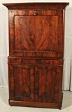 19th C. ENGLISH CROTCH MAHOGANY FALL FRONT DESK. FITTED INTERIOR. SINGLE MIDDLE DRAWER. 2 DOORS BELOW. GOOD. 67" H X 41" W X 15" D.