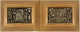 PAIR OF METAL RELIEF PLAQUES. DEPICTING FIGURES IN AN OUTDOOR SETTING. WOOD FRAMES. GOOD. 10" H X 14 1/2" W.