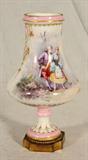 ANTIQUE FRENCH WHITE HAND PAINTED PORCELAIN URN. FIGURAL DECORATION ON THE FRONT. GILT TRACERY DECORATION WITH PINK BANDS. NO TOP. 11 1/4" H X 6" DIA.