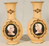 PR. ANTIQUE VICTORIAN PAINTED PORCELAIN VASES. OVAL BUSTS OF LADIES ON THE FRONT. GILT DECORATION. GOOD. 13" H X 6" DIA.