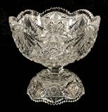 AMERICAN BRILLANT PERIOD CUT GLASS 2 PART PUNCH BOWL AND STAND. SMALL CHIPS. 9" H X 10" DIA.