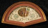 ANTIQUE HAND PAINTED LADIES FAN. ROUND PANEL DEPICTING FIGURES AT A WELL. MULTI COLORED FLORAL SWAGS. GILT SHADOW BOX FRAME. GOOD. 7 1/4" H X 13 1/2" W.