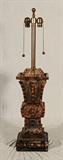 CHINESE CARVED ALABASTER URN MADE INTO A LAMP. MAKER MARBRO LAMP CO. LOS ANGELES. A CHIP ON THE UPPER RIM. 22" H X 8 3/4" W X 8" D.