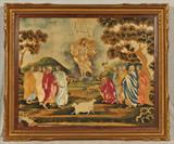 ANTIQUE PAINTING AND NEEDLE WORK. DEPICTING A RELIGIOUS SCENE. THE ASCENSION OF CHRIST INTO HEAVEN. AS IS. 20 1/4" H X 25 1/4" W.