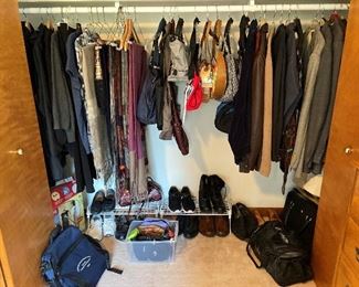 More hand-bags, size 9 1/2-10 womens shoes, sandals. mens shoes.scarves, Mens size large very nice jackets, slacks. Hats above.