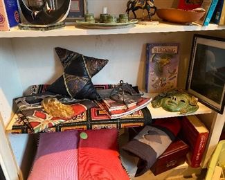 Unusual runners and fabrics. Original pottery pieces and a signed hand made mask
