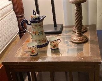 unique table. carved oriental wood-maybe teak under glass