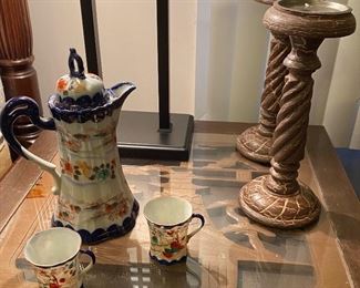 an old japanese hand painted chocolate or coffee pot with cups