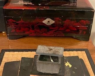 several painted jewelry boxes are in the sale as well as unique Asian art and mantle items. Incense burners and more