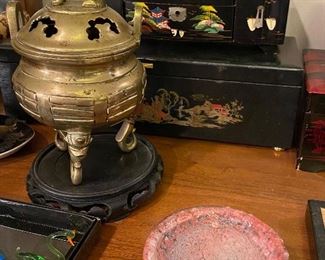 very good looking brass incense burner and painted boxes