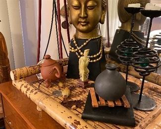 a bamboo tray on the dresser holds a treasure trove of goodies for your home