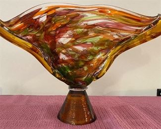 Art glass signed large compote. Beautiful colors 
