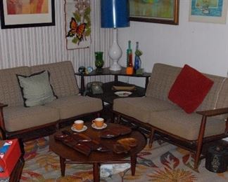 Heywood Wakefield Mid Century Modern living room sofa, corner table, side table, coffee table and arm chair.