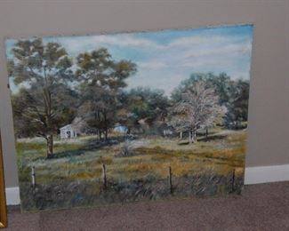 This is a landscape by Gordan's mother, Wilma Thomas. It is labeled on the back as depicting the Slaughter family place in Lone Oak, Texas.