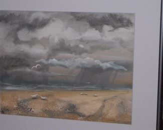 Beachfront thunderstorm in watercolor by George Grammer. Grammer was a member of a group of artists known as the Fort Worth Circle. They were active beginning in the 1940s and 50s. Grammer later worked in a cubist style, so this is believed to be an early work.