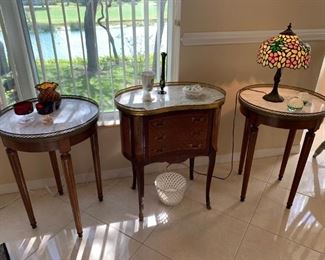 Louis XVI walnut & marble side tables w/ brass rim