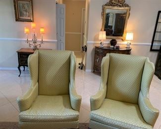 Hickory wing back chairs, Bombay chest, vintage table lamps, etc.
