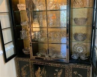 Asian style hutch with Imperial Candlewick stemware, cut crystal bowls, vases, etc.