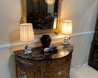 Bombay chest, vintage lamps and mirror