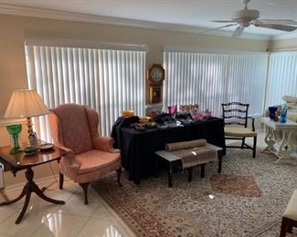 Henredon wing back chair, Mahogany and leather top drop leaf pedestal side table