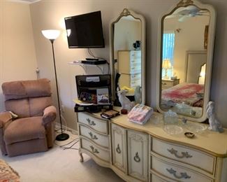 Pride lift chair, Insignia TV, French Provincial dresser & mirrors