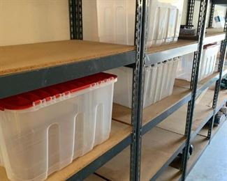 Industrial storage shelves, plastic storage bins