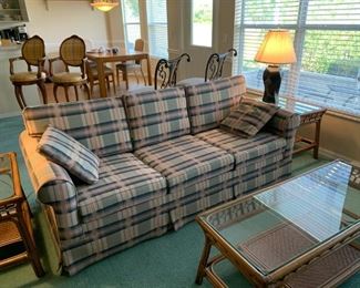 Sofa sleeper, rattan coffee table & end tables