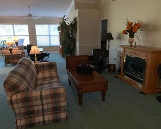 Broyhill sofa, contemporary coffee table w/ storage, electric fireplace, Leathermaster chair & ottoman