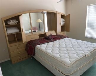 Queen mattress set with queen bed with headboard and side cabinet storage