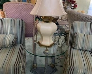 Shabby chic end tables, lamps sold separately.