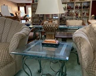 Heavy green metal end tables,  lamp sold separately. There is also a matching sofa table